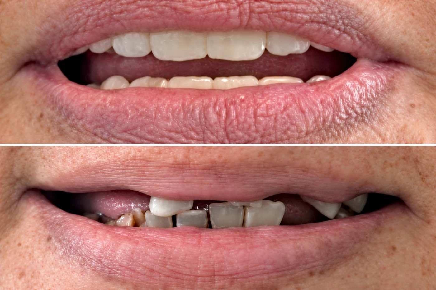 Before and after full-arch zirconia restoration (All-on-6)