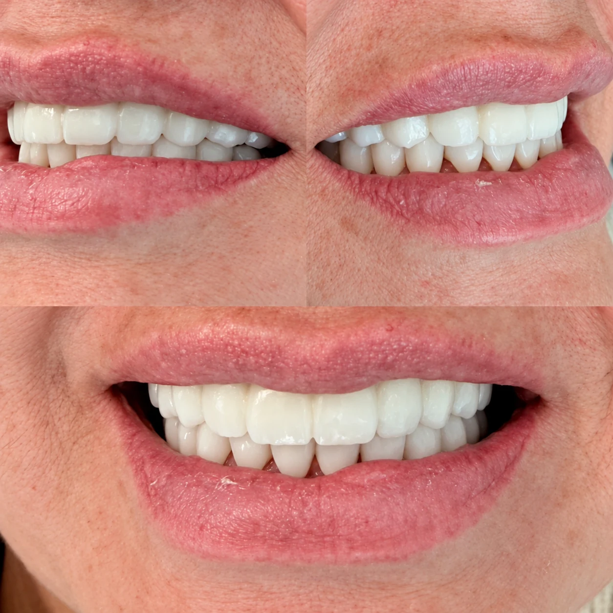 Three close-up views of a smile showing the front and sides of the teeth